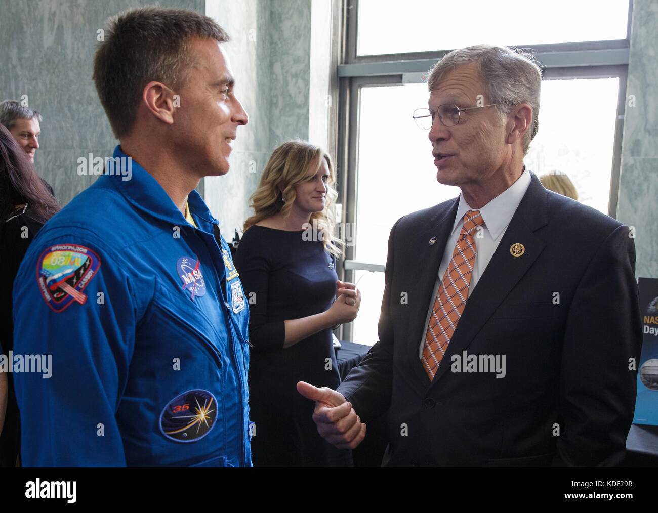 NASA astronaut Chris Cassidy (left) speaks with U.S. Texas Representative Brian Babin during NASA Tech Day on the Hill at the Rayburn House Office Building June 15, 2017 in Washington, DC.   (photo by Joel Kowsky  via Planetpix) Stock Photo