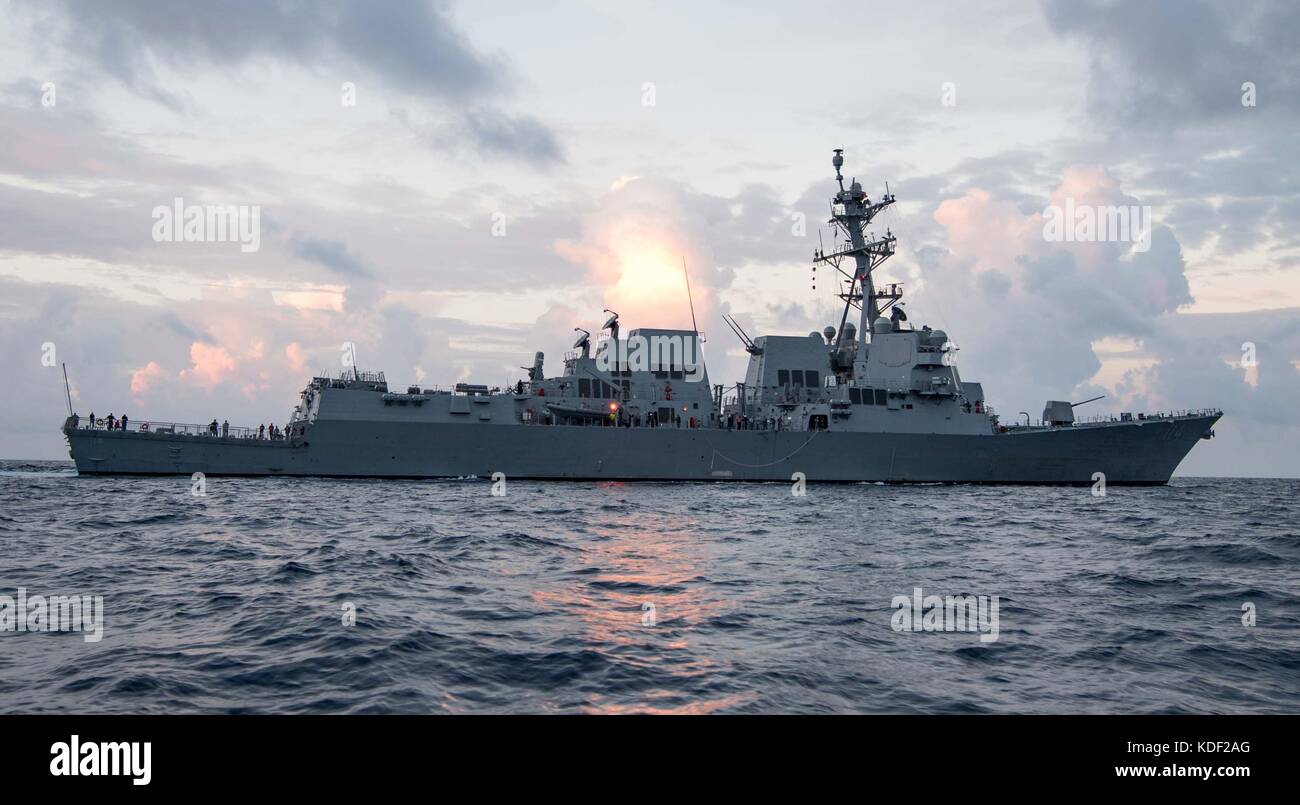 The U.S. Navy Arleigh Burke-class guided-missile destroyer USS Ralph Johnson steams underway during builders sea trials July 18, 2017 in the Gulf of Mexico.   (photo by Andrew Young via Planetpix) Stock Photo
