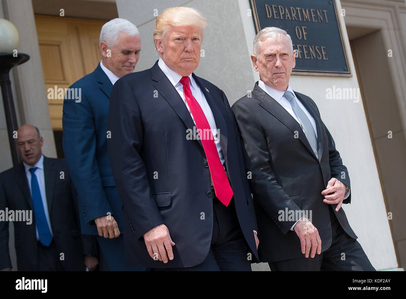 U.S. Vice President Mike Pence, U.S. President Donald Trump and U.S. Defense Secretary James Mattis leave the Pentagon after a meeting of the National Security Council July 20, 2017 in Washington, DC.   (photo by Dominique A. Pineiro via Planetpix) Stock Photo