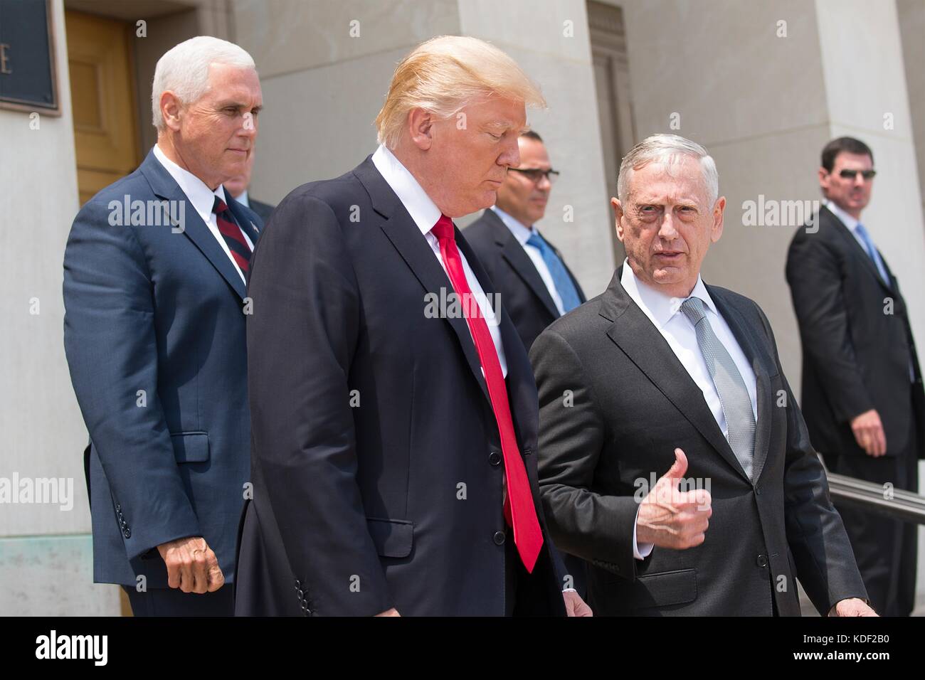U.S. Vice President Mike Pence, U.S. President Donald Trump and U.S. Defense Secretary James Mattis leave the Pentagon after a meeting of the National Security Council July 20, 2017 in Washington, DC.   (photo by Dominique A. Pineiro via Planetpix) Stock Photo