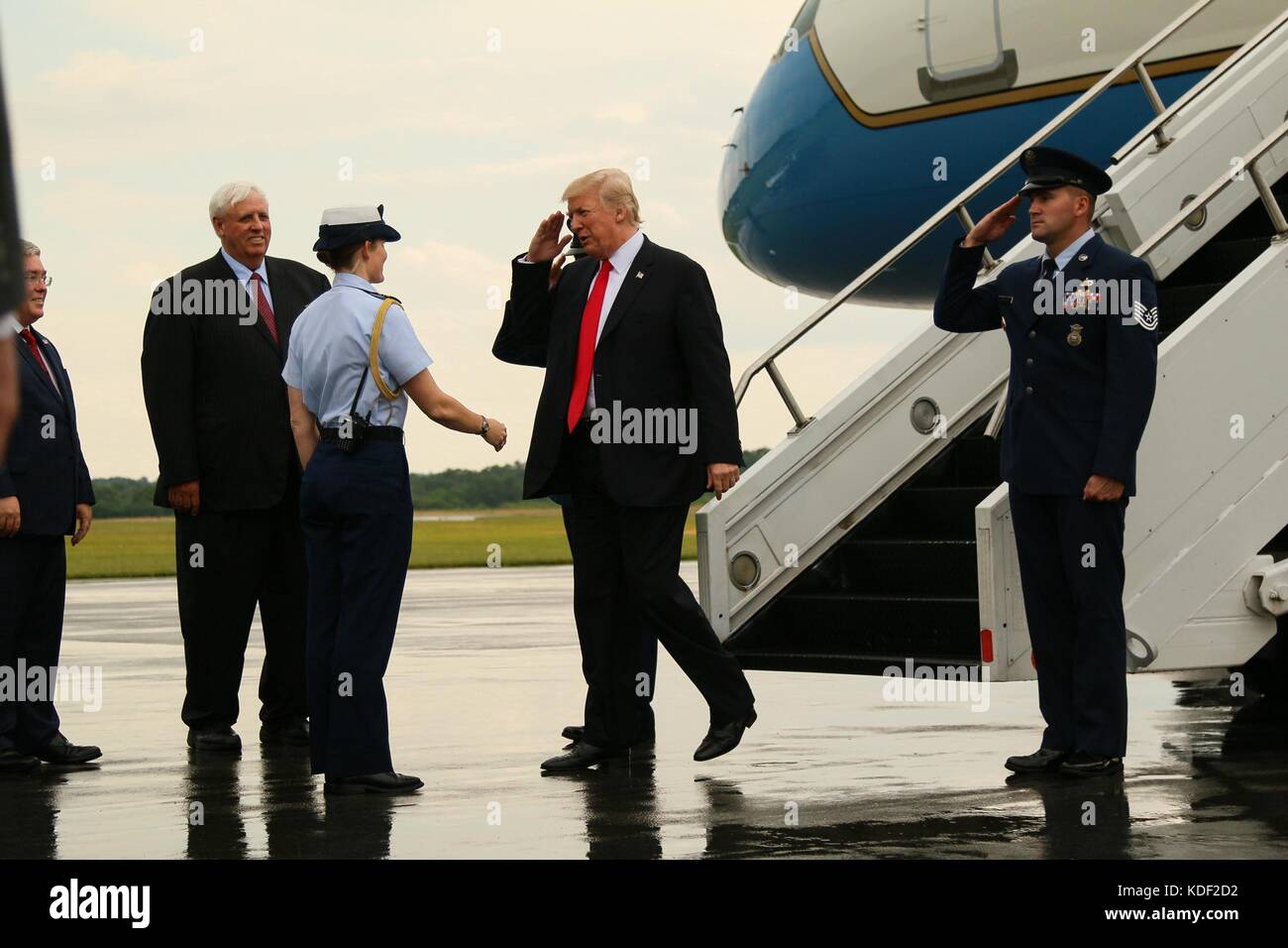 U.S. President Donald Trumps salutes U.S. soldiers as he arrives at the Raleigh County Memorial Airport for the Boy Scouts of America National Jamboree July 24, 2017 near Beckley, West Virginia.   (photo by Dustin D. Biven  via Planetpix) Stock Photo