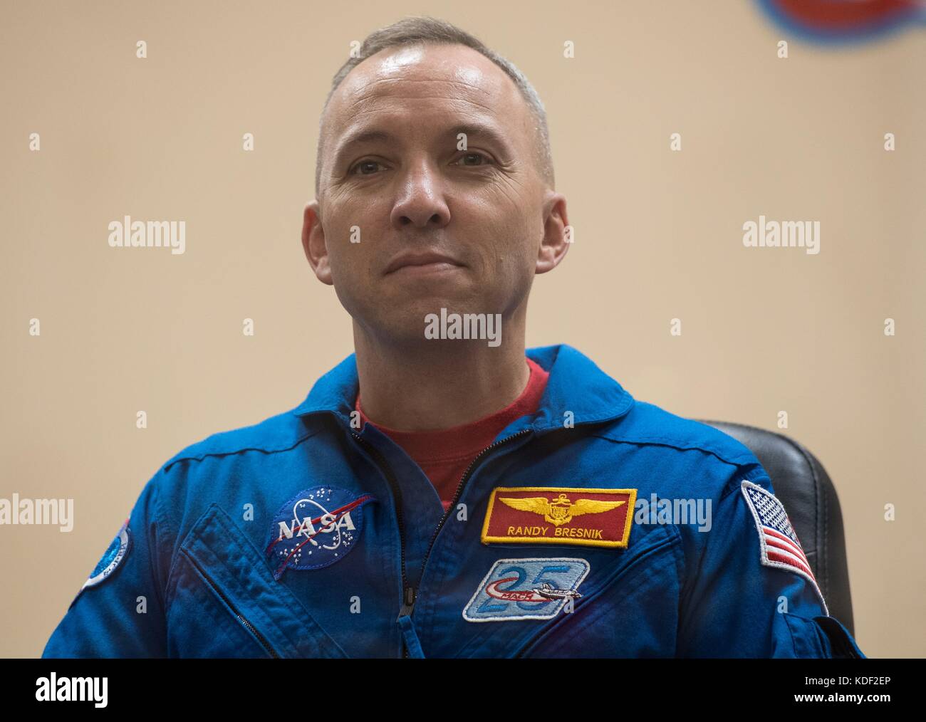 NASA International Space Station Expedition 52 Soyuz MS-05 prime crew member American astronaut Randy Bresnik attends a pre-launch press conference from behind quarantine glass at the Cosmonaut Hotel July 27, 2017 in Baikonur, Kazakhstan.   (photo by Joel Kowsky via Planetpix) Stock Photo