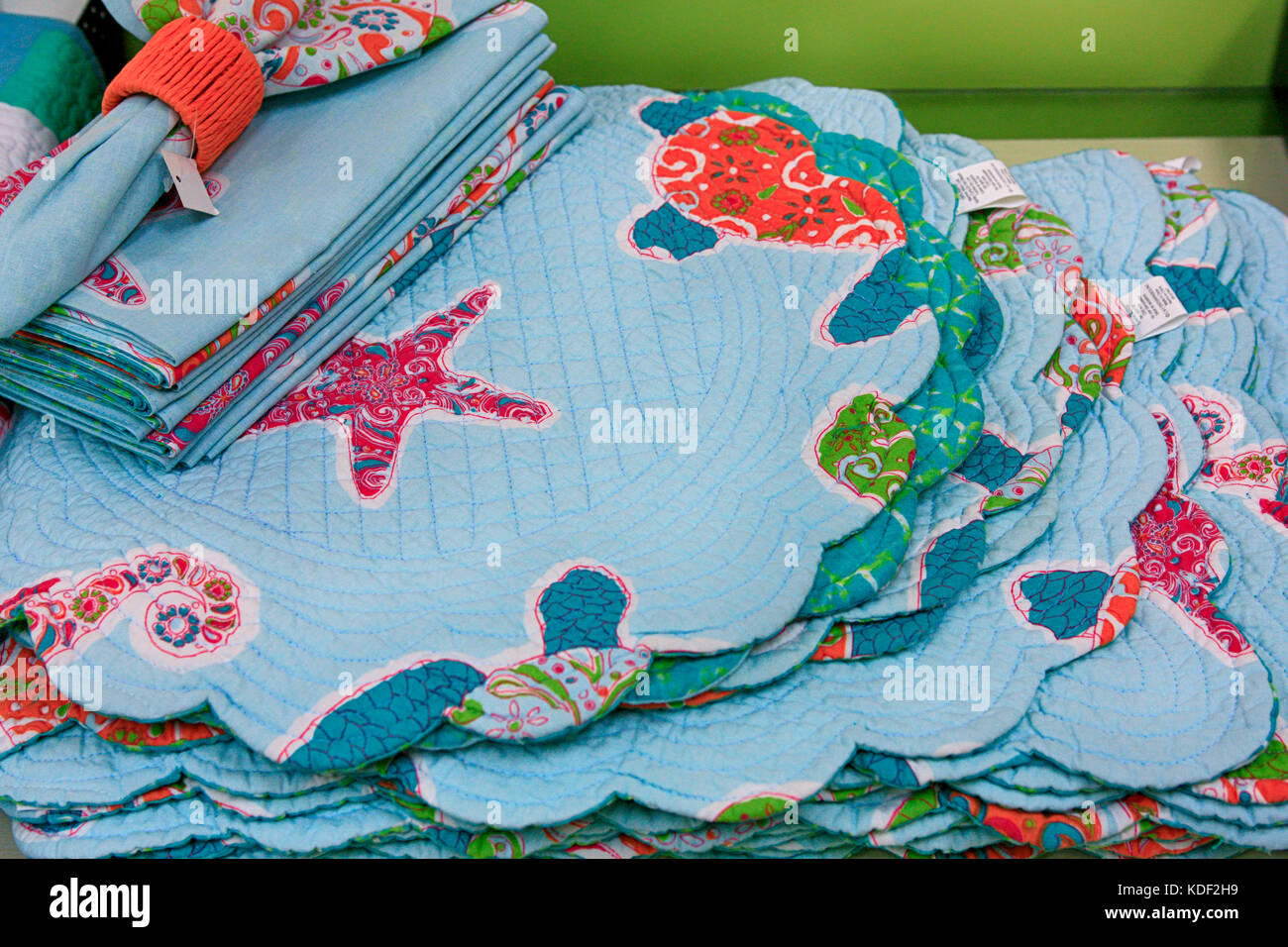 Sea Creatures place mats and tablewear, a perfect home decor gift on sale in a store in Florida USA Stock Photo