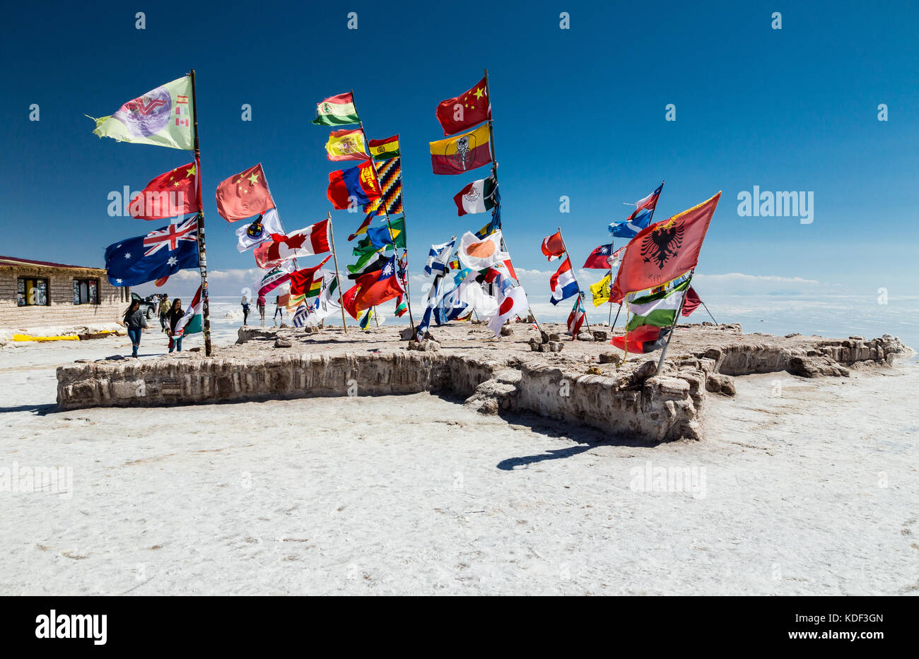 World flags Salar De Uyuni, Bolivia Stock Photo