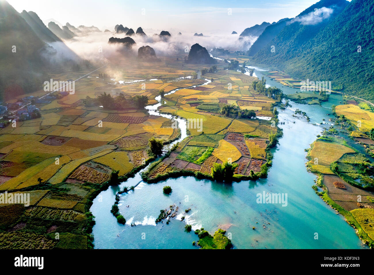 Beautiful landscape with rice field and mountain from drone in Cao Bang province, Vietnam Stock Photo