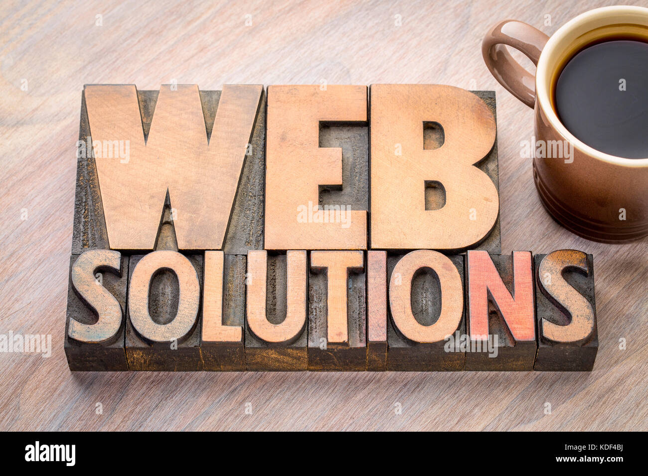 Web Solutions Word Abstract In Vintage Letterpress Wood Type Stock