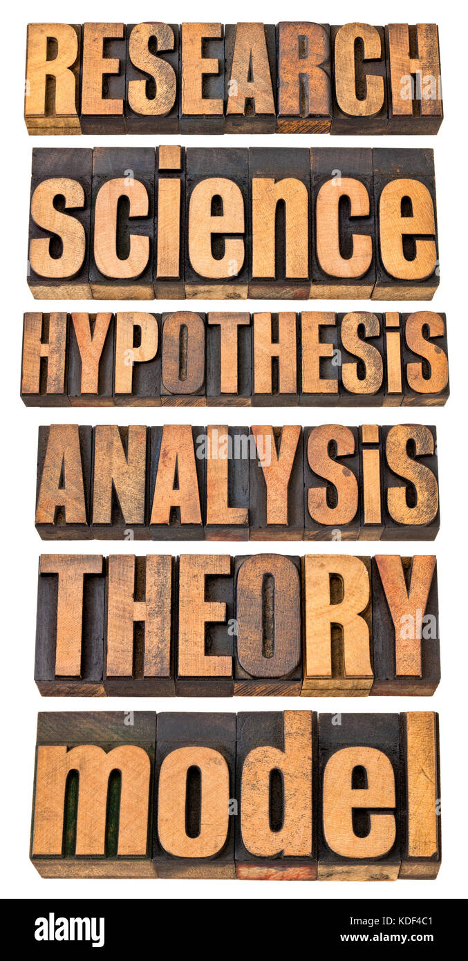 research  and science related terms - a collage of isolated words in vintage letterpress wood type - hypothesis, research, analysis, theory, model Stock Photo
