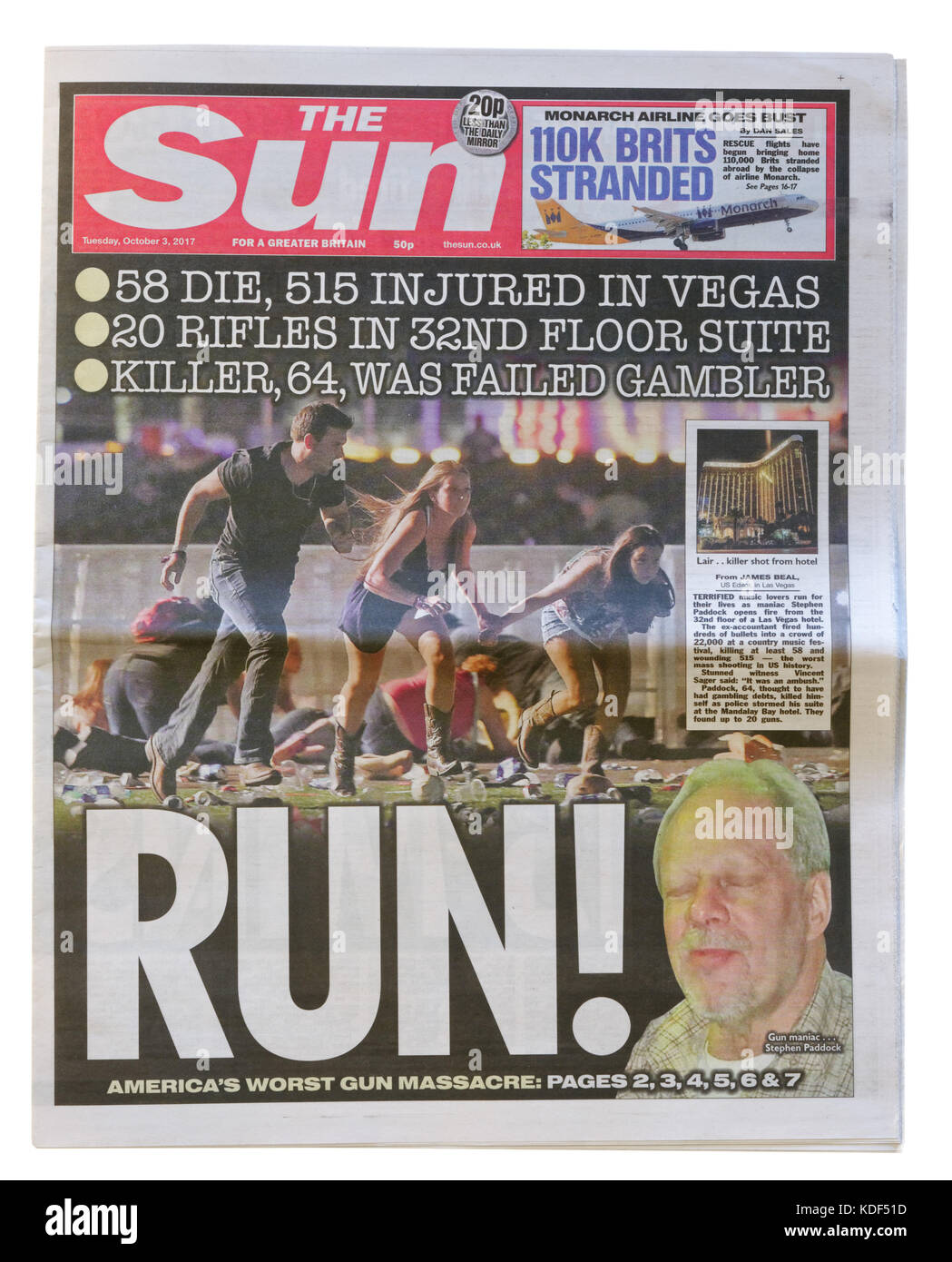 The Sun newspaper headline after the Las Vegas mass shooting on 1st October 2017 Stock Photo