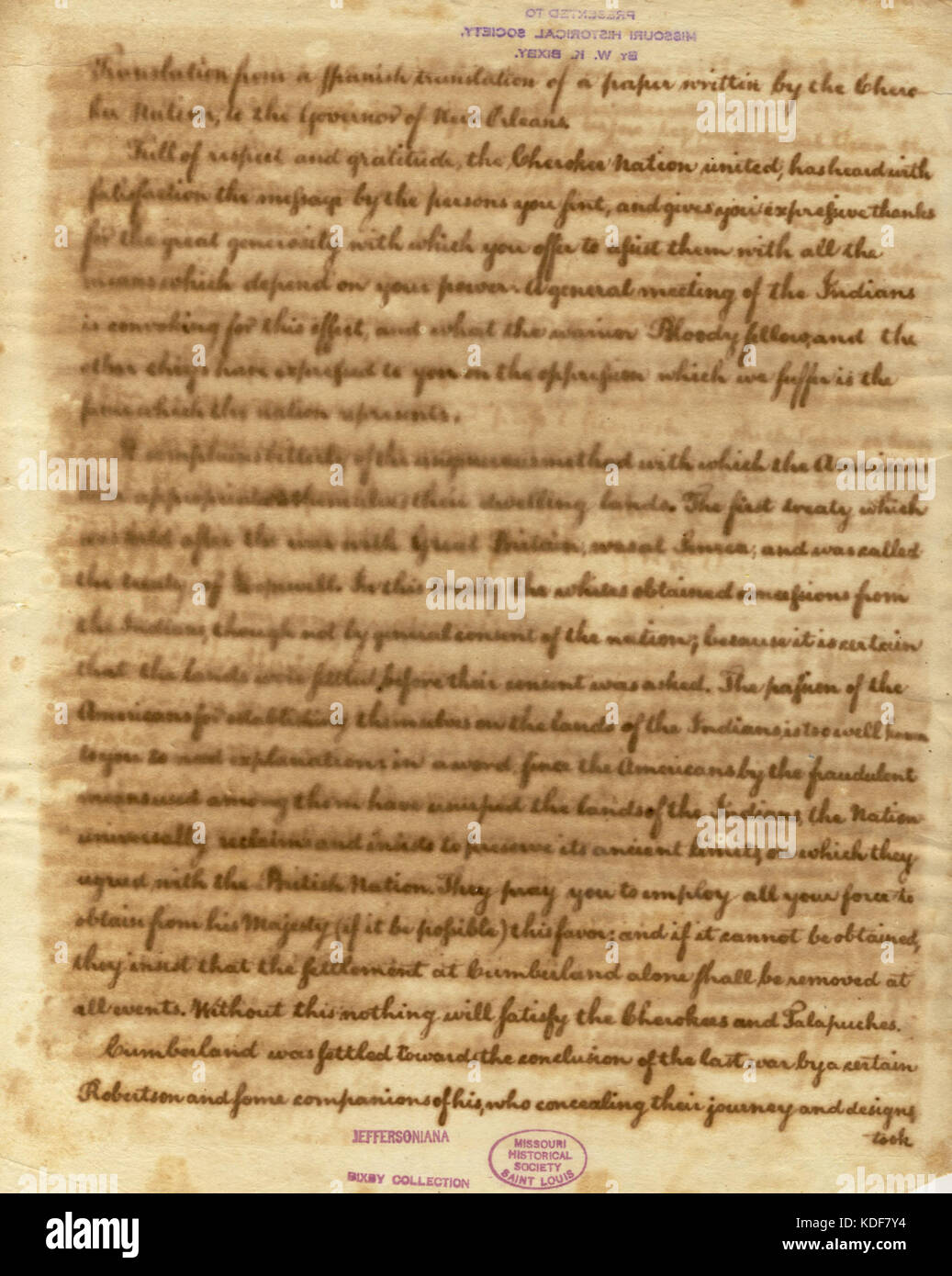 Letter of Cherokee Nation to the Governor of New Orleans, April 8, 1793 Stock Photo