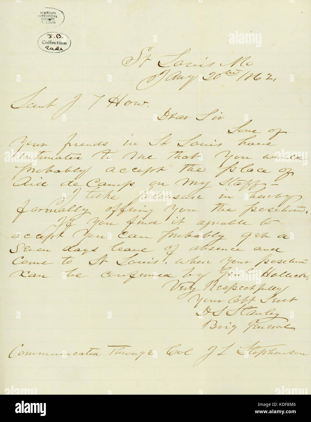 Letter signed D.S. Stanley, St. Louis, Mo., to Lieut. J.F. How, January 20, 1862 Stock Photo