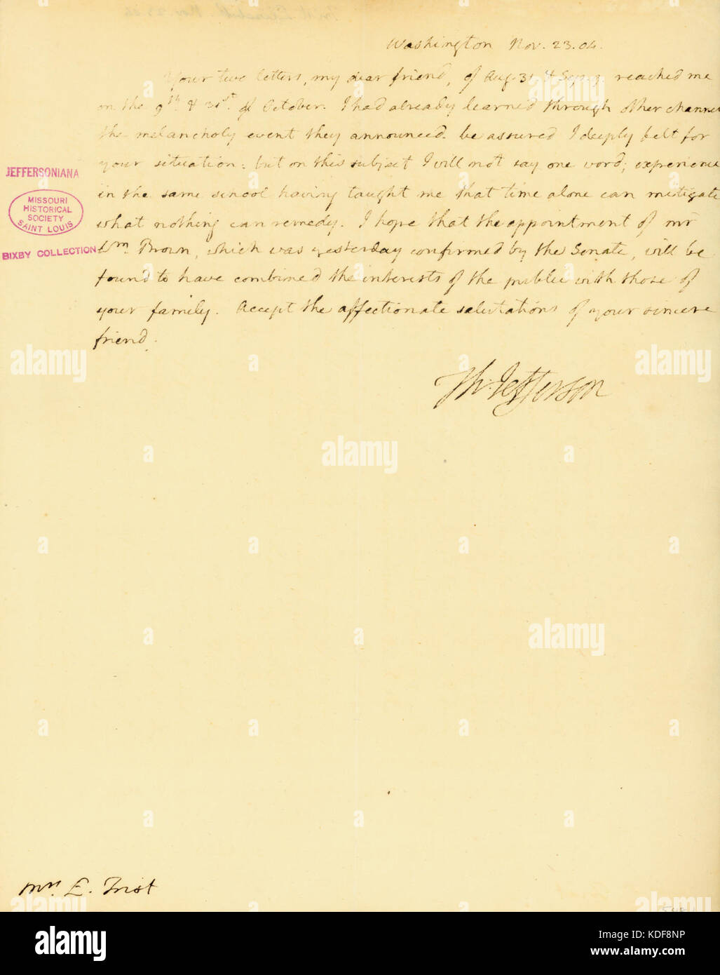 Letter signed Thomas Jefferson, Washington, to Mrs. (Elizabeth) Trist, November 23, 1804 Stock Photo
