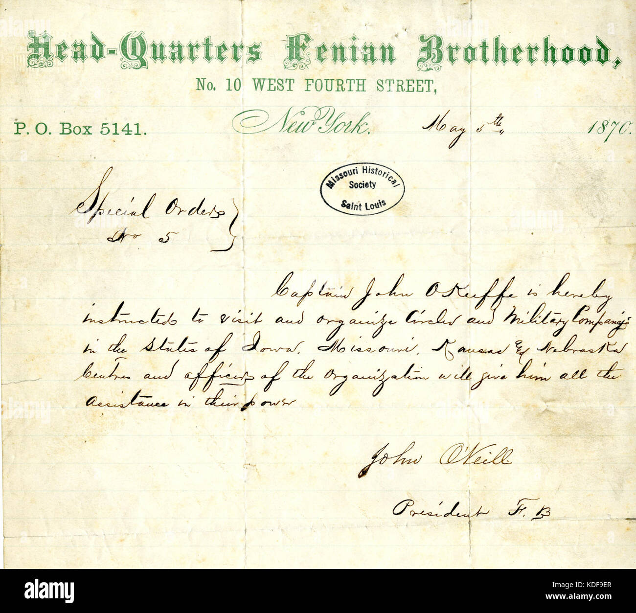 Special Orders No. 5 of John O'Neill, Headquarters, Fenian Brotherhood, New York, May 5, 1870 Stock Photo