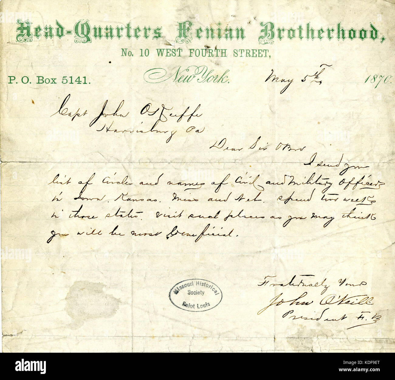 Letter signed John O'Neill, Headquarters, Fenian Brotherhood, New York, to Capt. John O'Keefe, Harrisburg, Pennsylvania, May 5, 1870 Stock Photo