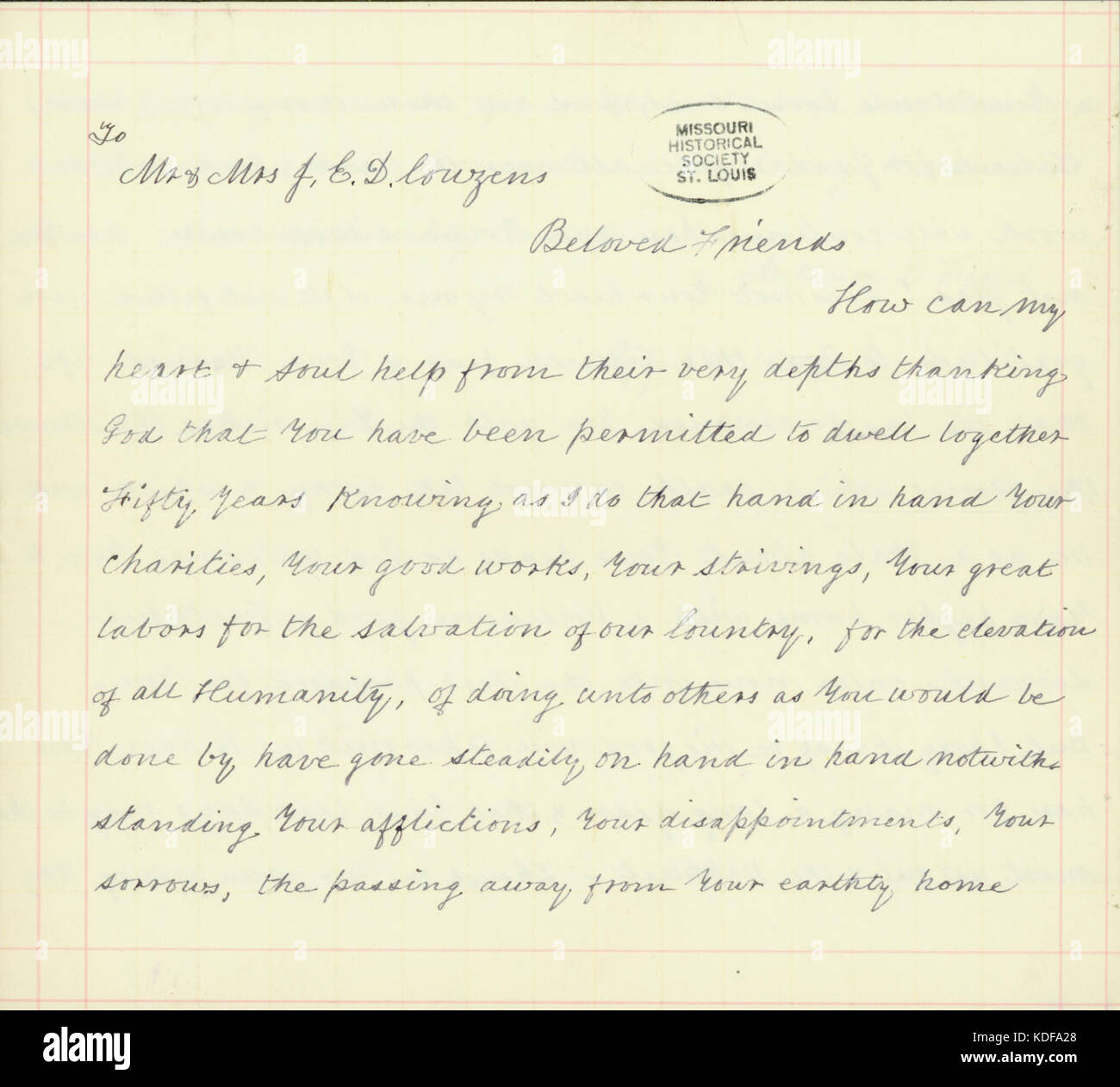 Letter signed Arethusa L. Forbes to Mr. and Mrs. J.E.D. Couzins, St. Louis, May 5, 1884 Stock Photo