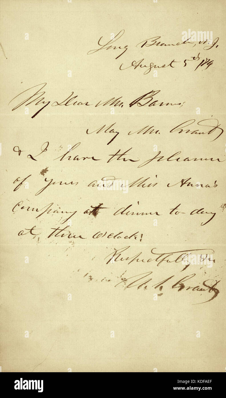 Letter from U. S. Grant, Long Branch, N. J. (New Jersey), to Mr. (Joseph K.) Barnes, August 5, 1874 Stock Photo