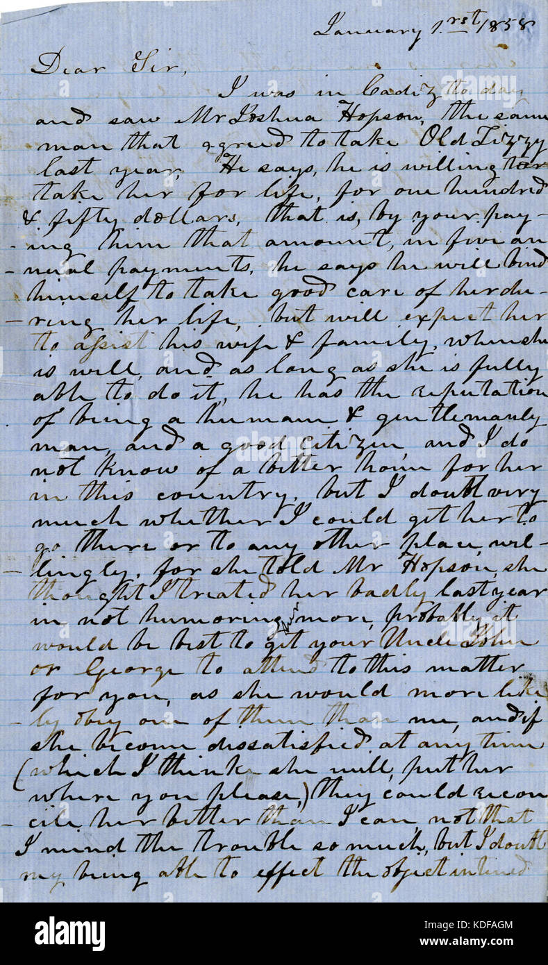 Letter from Joseph A. Waller to Dear Sir, January 1, 1858 Stock Photo
