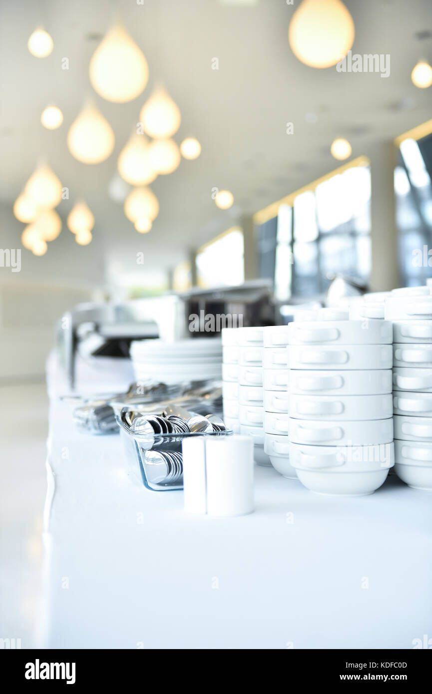 Empty catering plates, platters and trays setup before event Stock