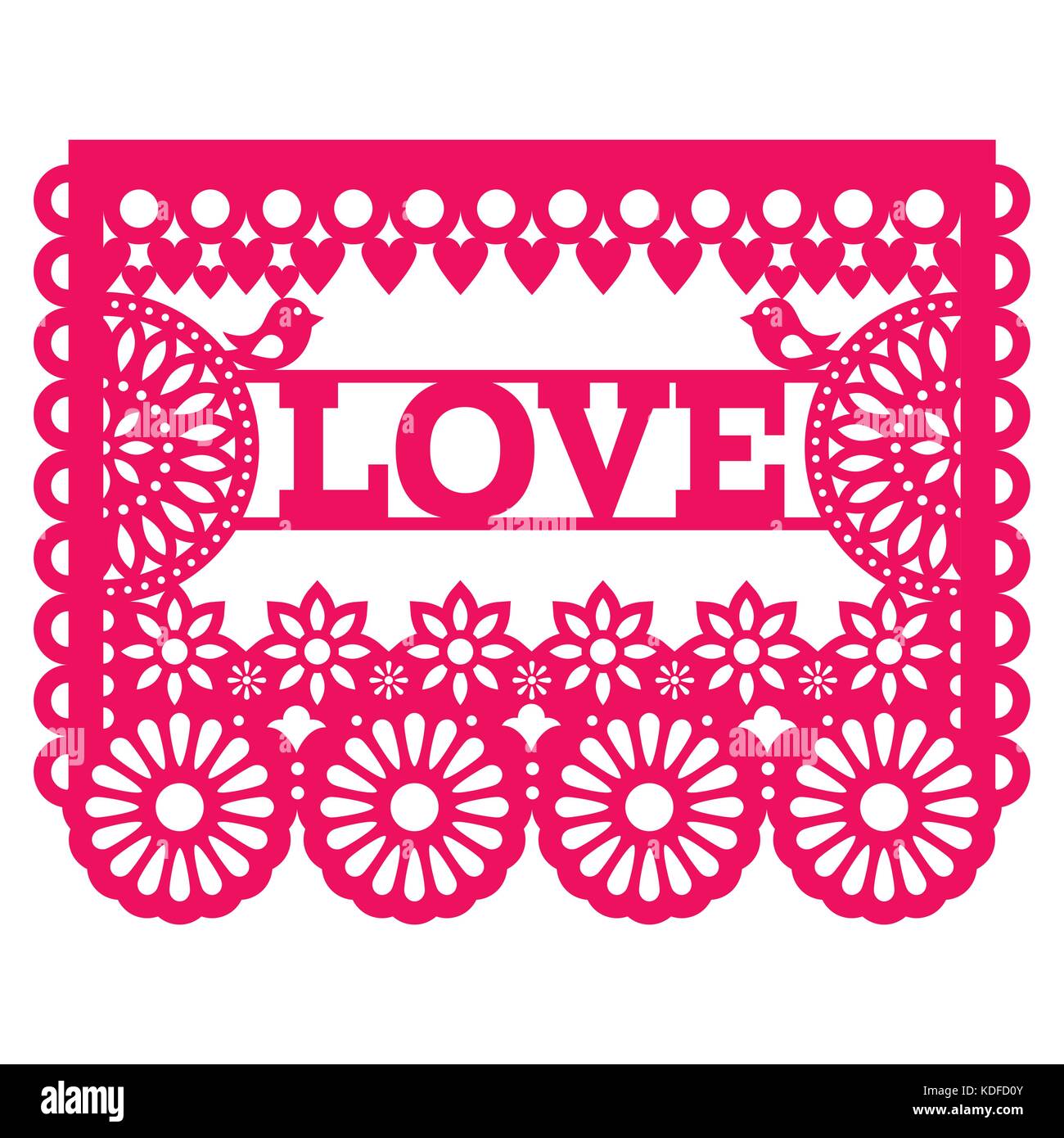 Mexican Papel Picado design - love vector pattern greeting card for celebrating Valentine's Day, wedding or birthday Stock Vector