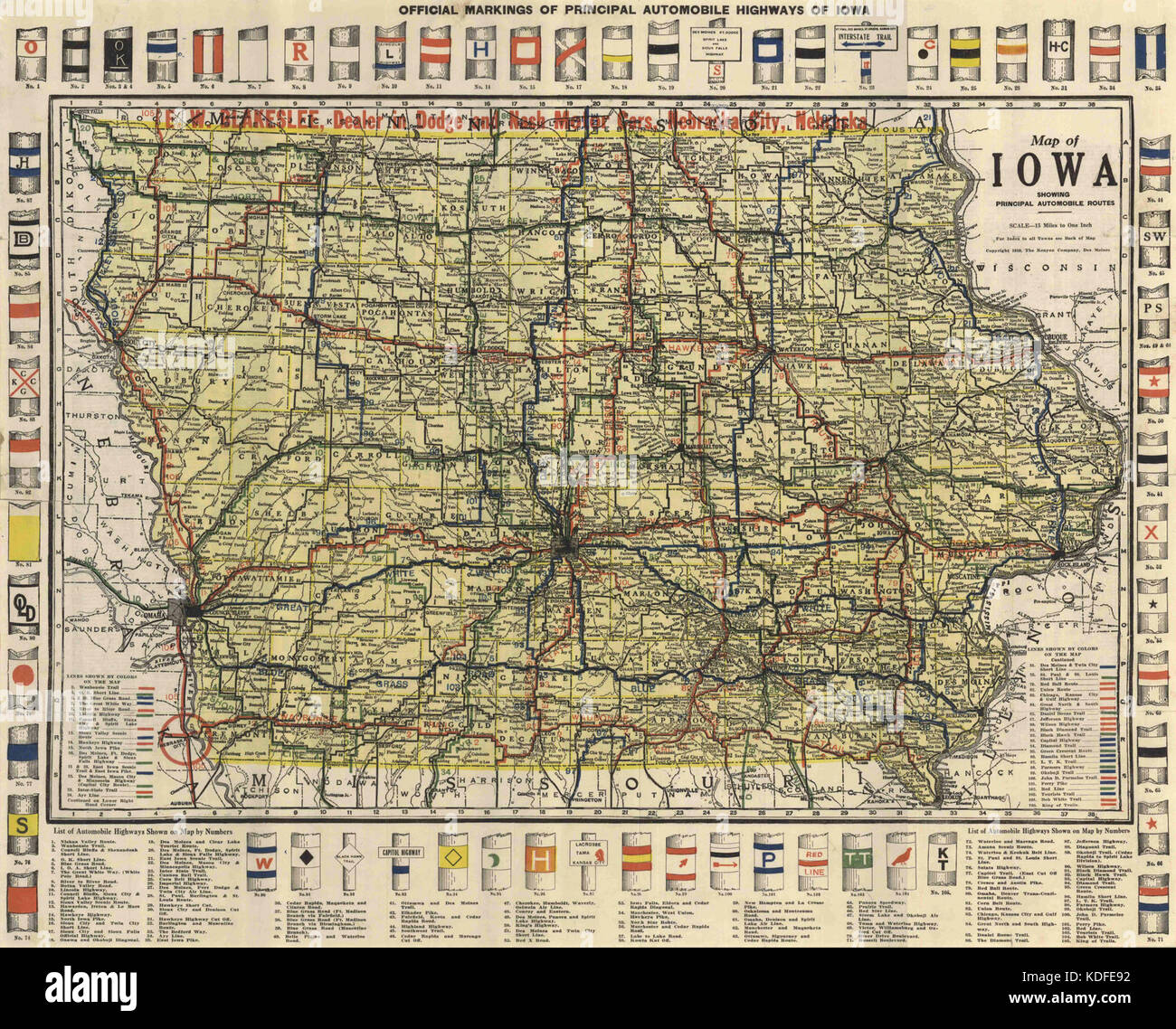 Map of Iowa Showing Principal Automobile Routes Stock Photo - Alamy