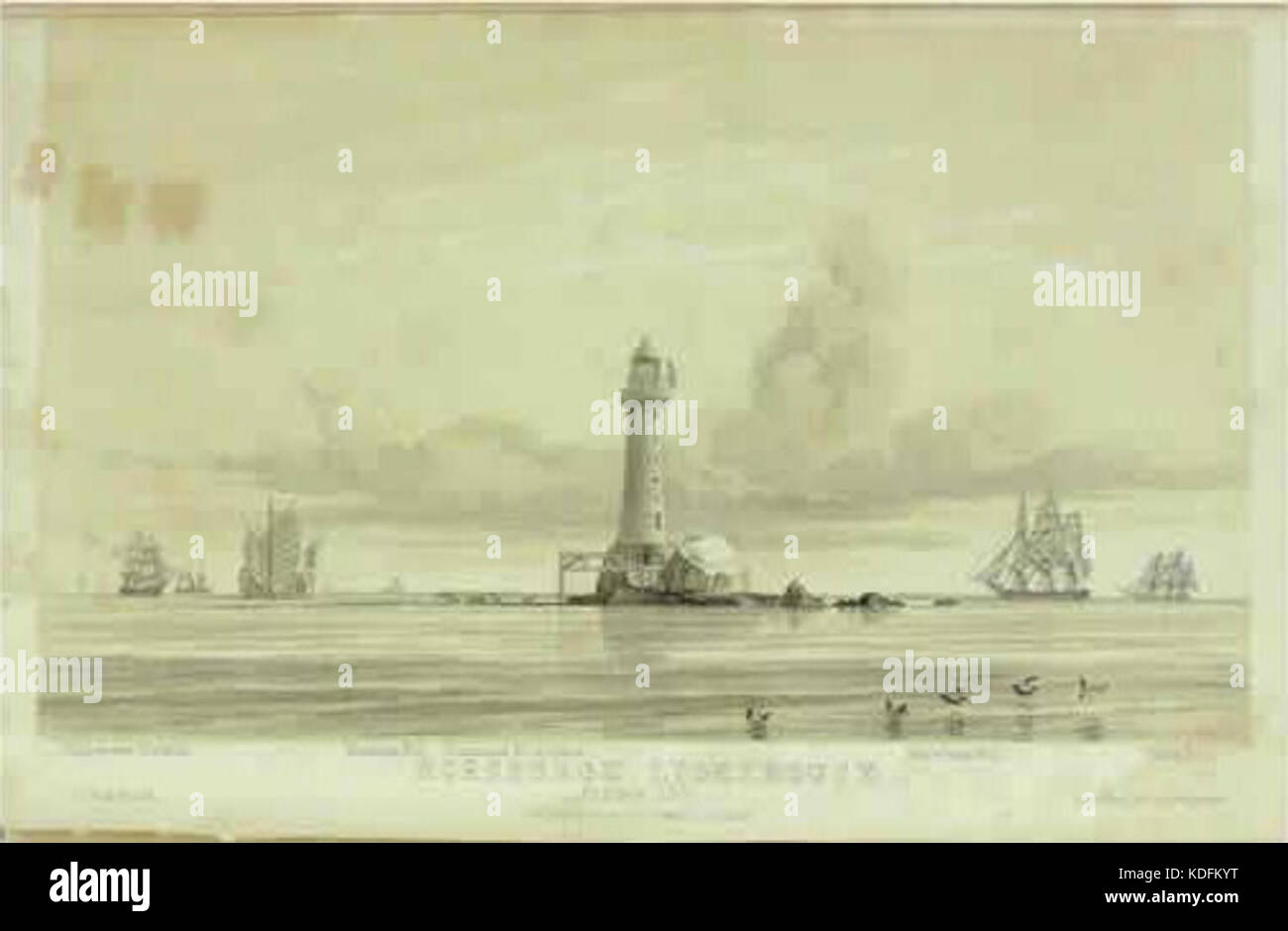 Horsburgh Lighthouse, built in 1851, is an important navigational structure located in the Singapore Strait. It was designed by JT Thomson and remains operational to guide maritime traffic. Stock Photo