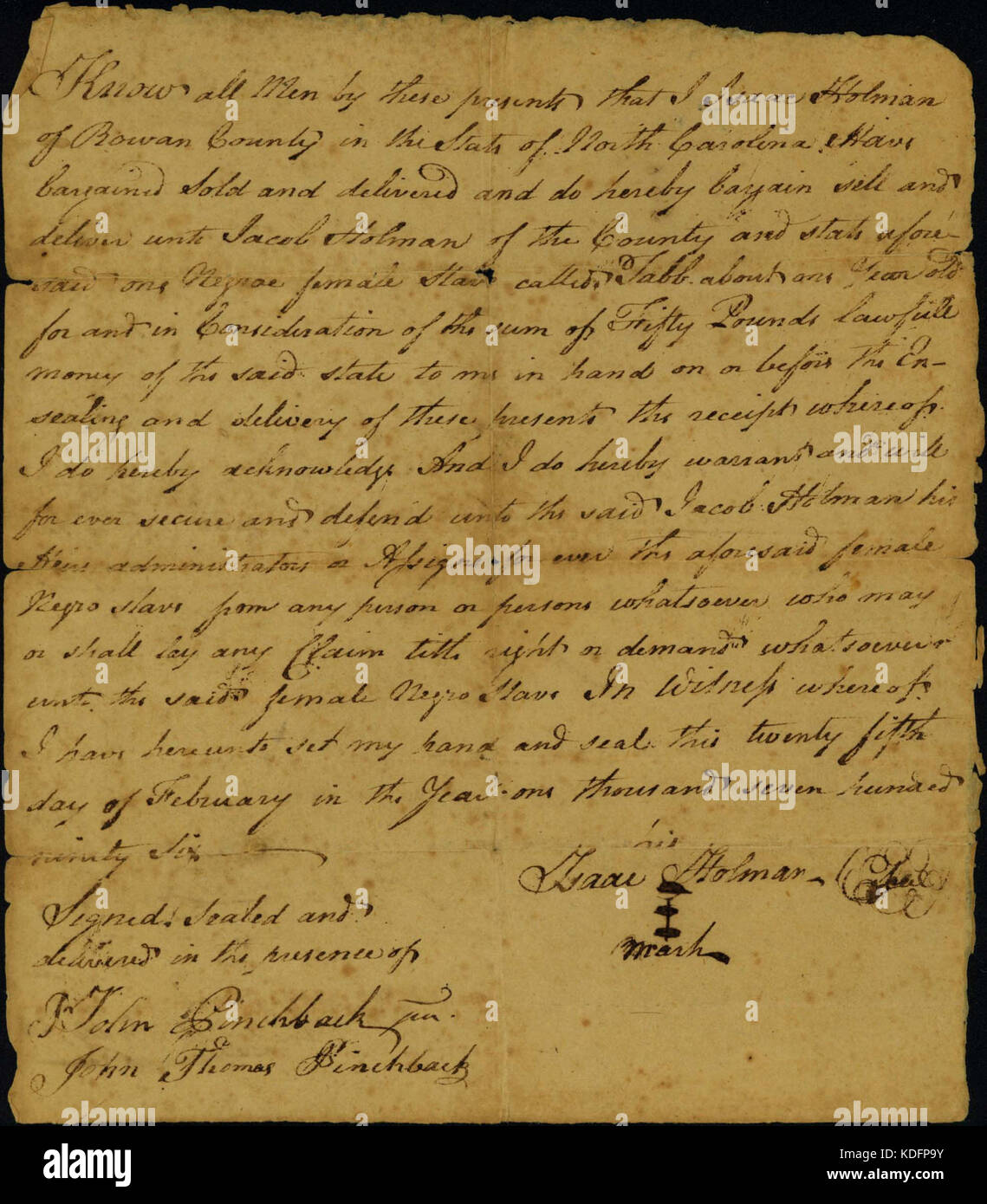 Receipt for the sale of a one year old female slave named Tabb, February 25, 1796 Stock Photo