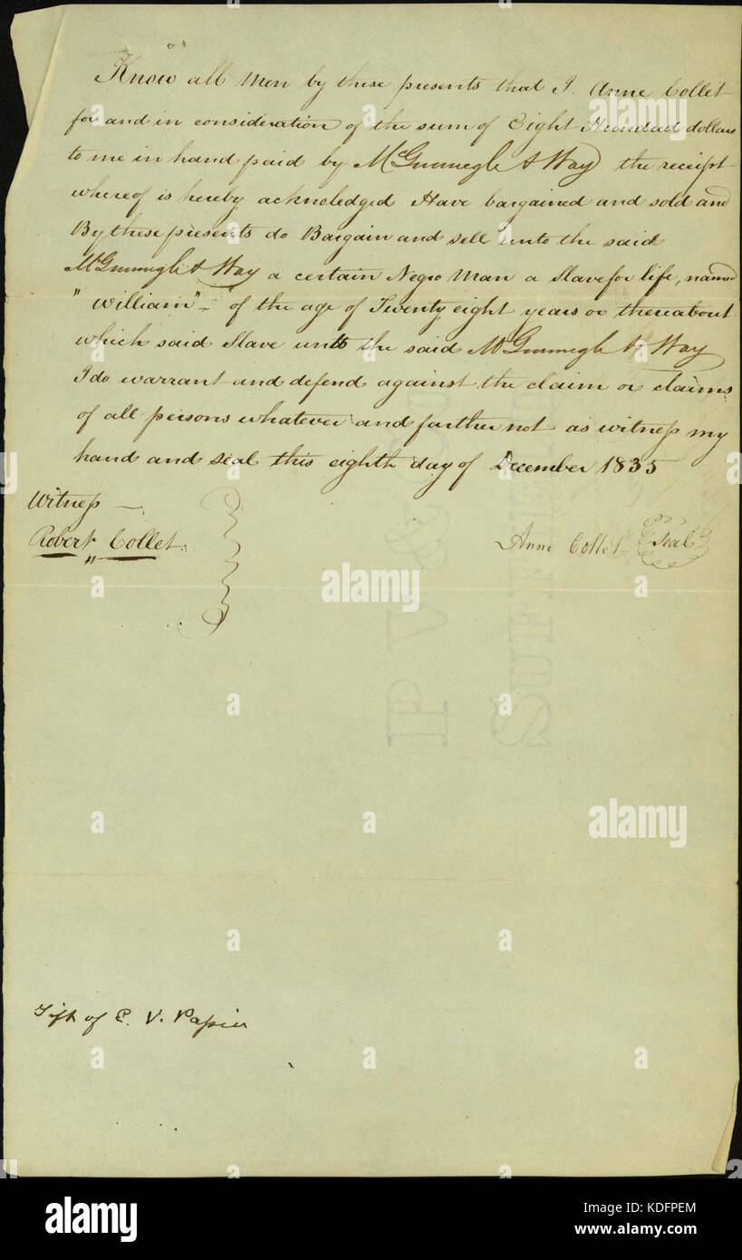 Receipt for $800 signed Anne Collet, December 8, 1835 Stock Photo