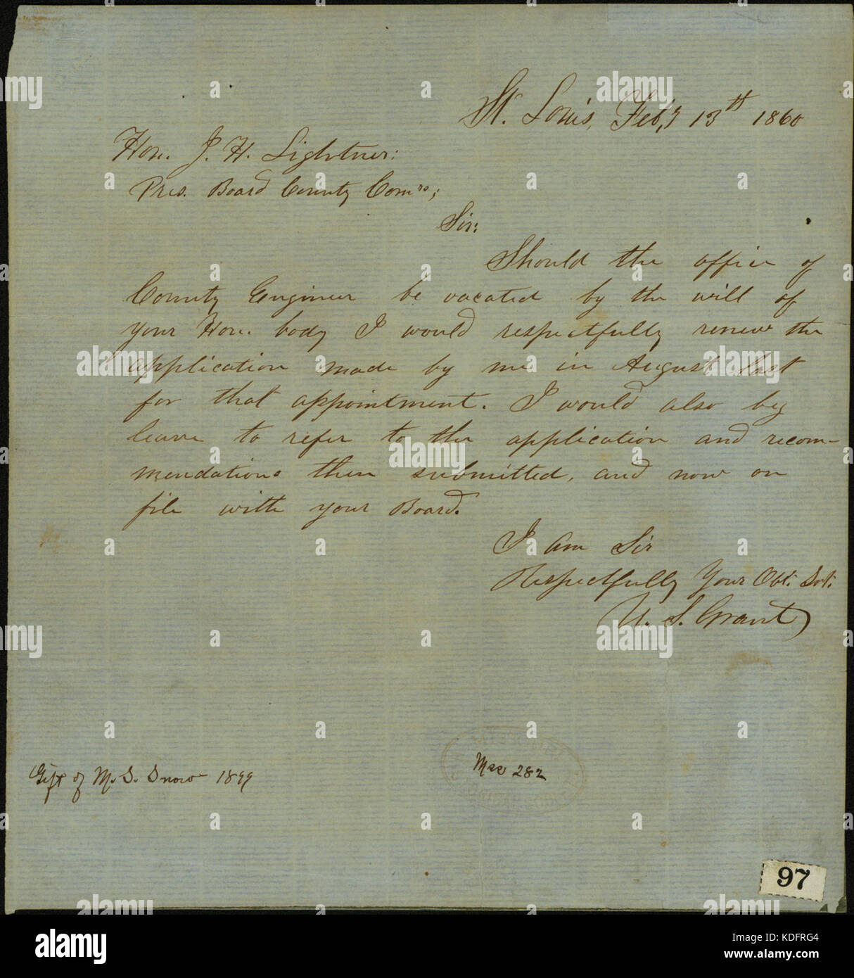 Letter signed U.S. Grant, St. Louis, to Hon. J.H. Lightner, February 13, 1860 Stock Photo