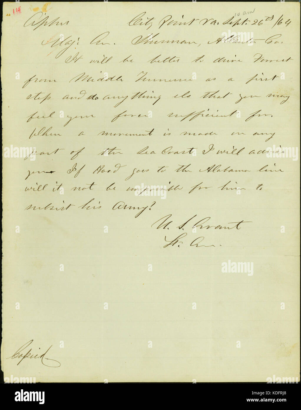 Letter signed U.S. Grant, City Point, Va., to Maj. Gen. Sherman (William T. Sherman), Atlanta, Ga., September 26, 1864 Stock Photo
