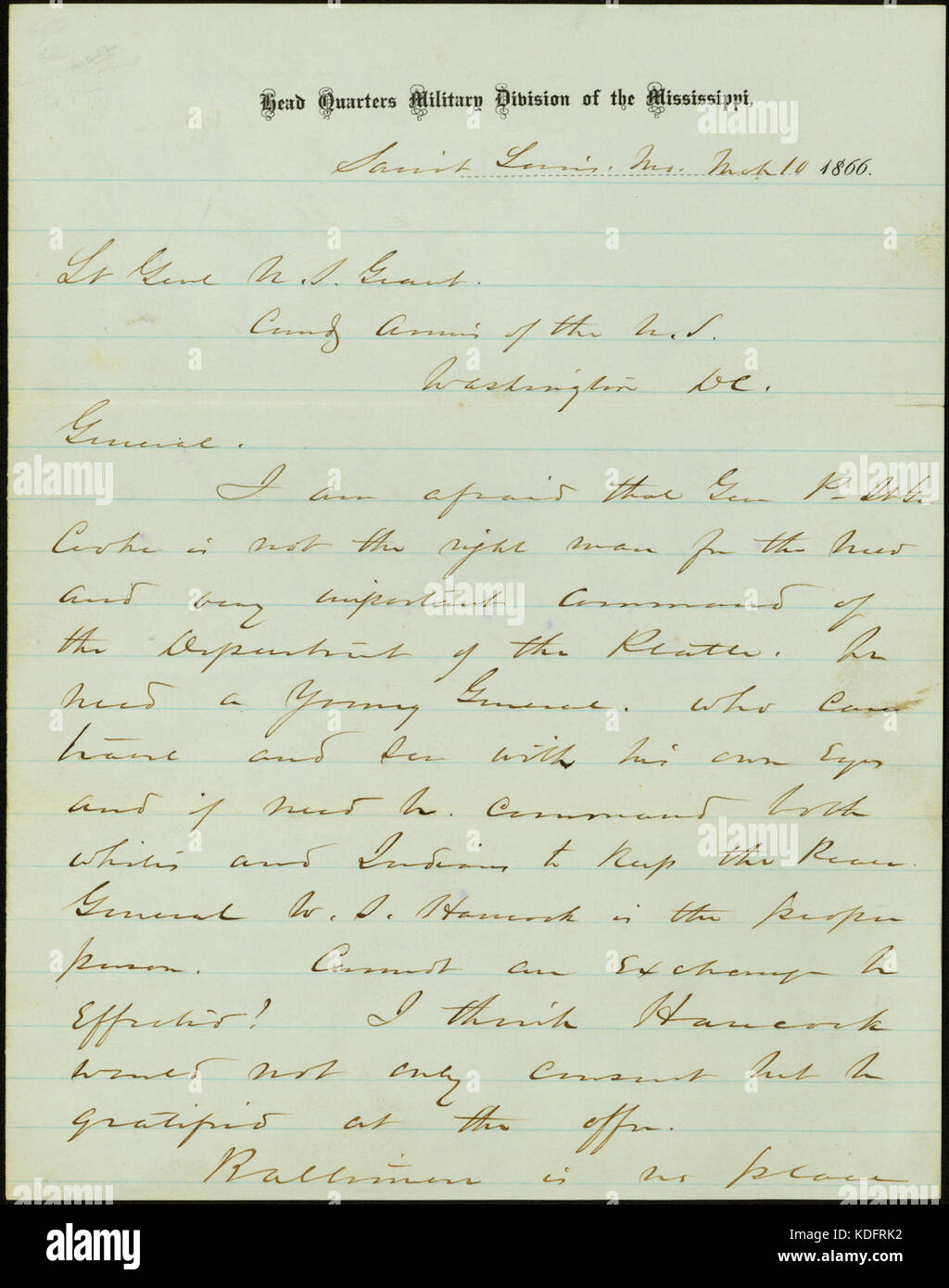 Letter sighed W.T. Sherman, Head Quarters Military DIvision of the Mississippi, Saint Louis, Mo., to Lt. Genl. U.S. Grant, Comd. Army of the U.S., Washington, D.C., March 10, 1866 Stock Photo