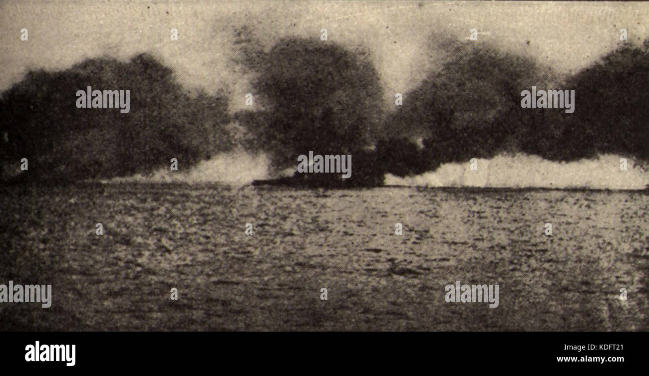 The HMS Lion, a British battlecruiser, was severely damaged during the Battle of Jutland in 1916. It was struck by enemy fire but remained in action despite the damage, illustrating the intense combat and critical role of naval vessels in World War I. Stock Photo