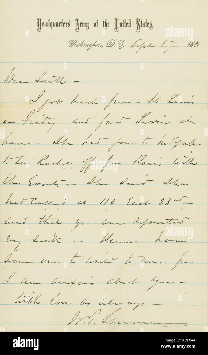 Letter signed W.T. Sherman, Headquarters Army of the United States, Washington, D.C., to (William) Scott, April 17, 1881 Stock Photo