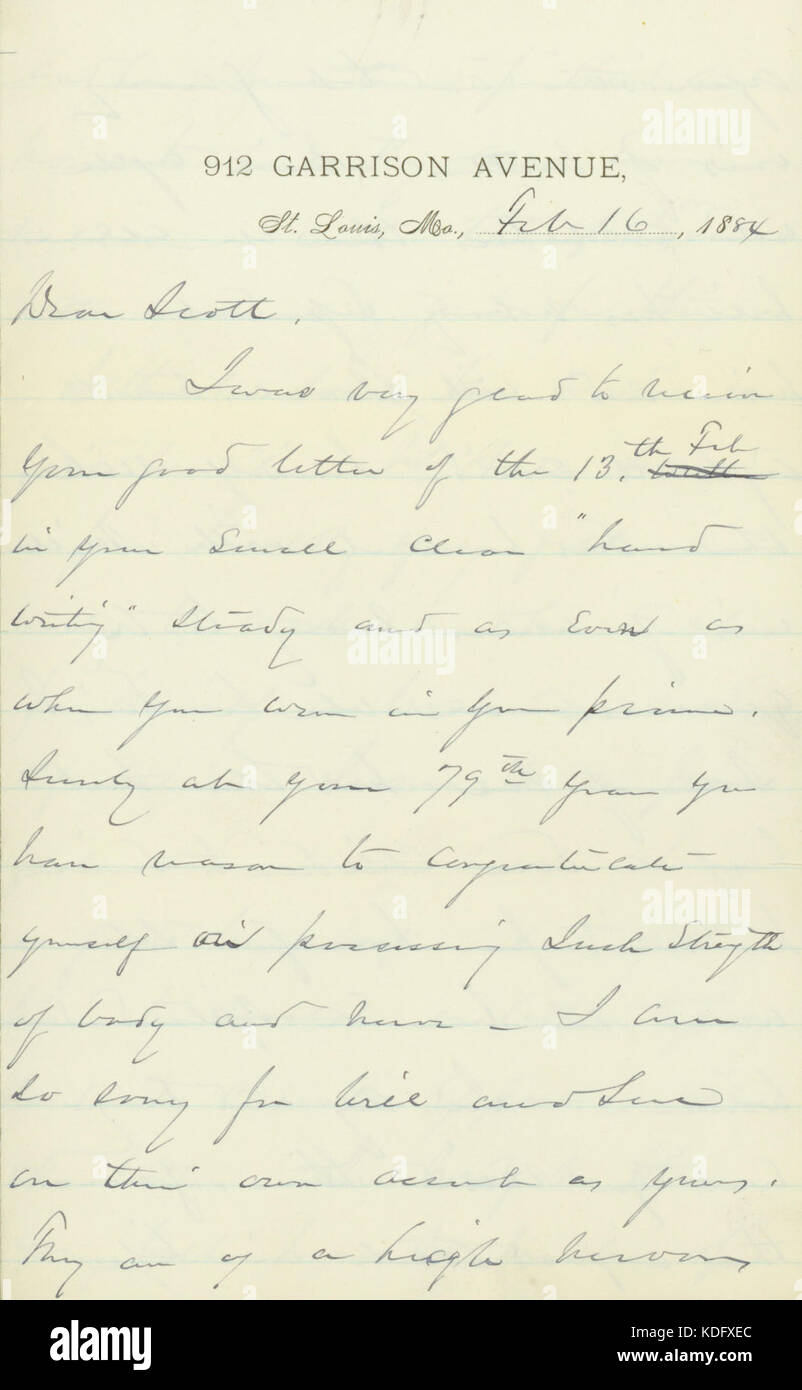 Letter signed W.T. Sherman, 912 Garrison Avenue, St. Louis, Mo., to (William) Scott, February 16, 1884 Stock Photo