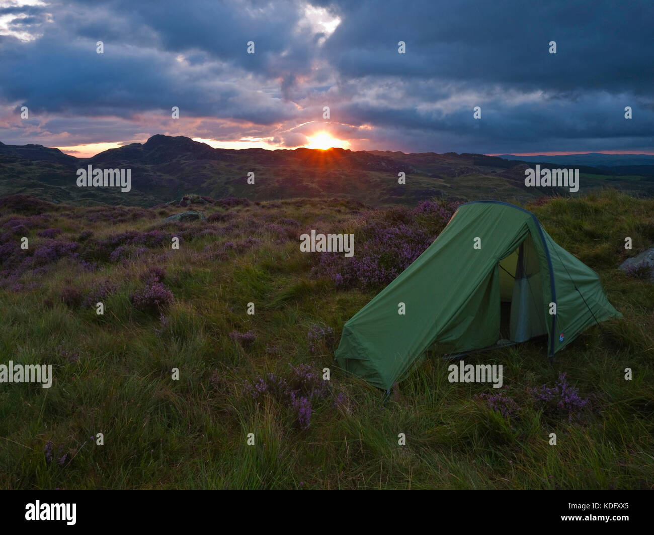 Sunrise at a wild camp on Cefn y Capel, Capel Curig, Snowdonia, North Wales in a Force 10 Helium tent Stock Photo