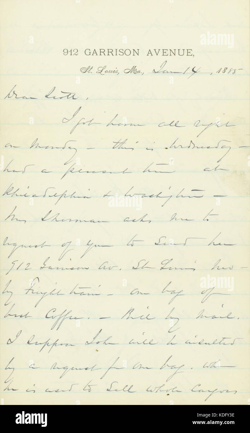 Letter signed W.T. Sherman, 912 Garrison Avenue, St. Louis, Mo., to (William) Scott, January 14, 1885 Stock Photo