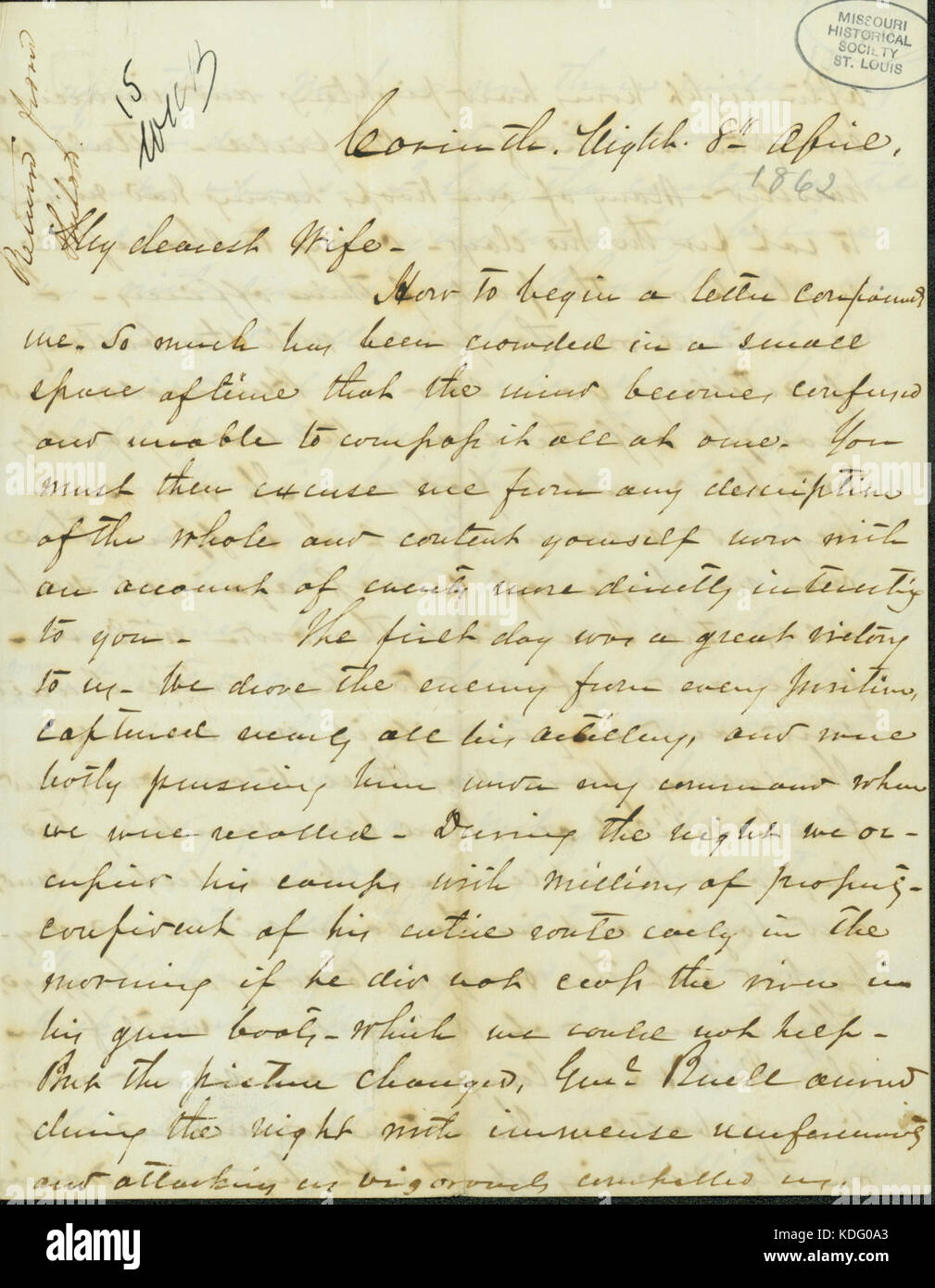 Letter signed Braxton Bragg, Corinth, Mississippi, to his wife, April 8, (1862) Stock Photo