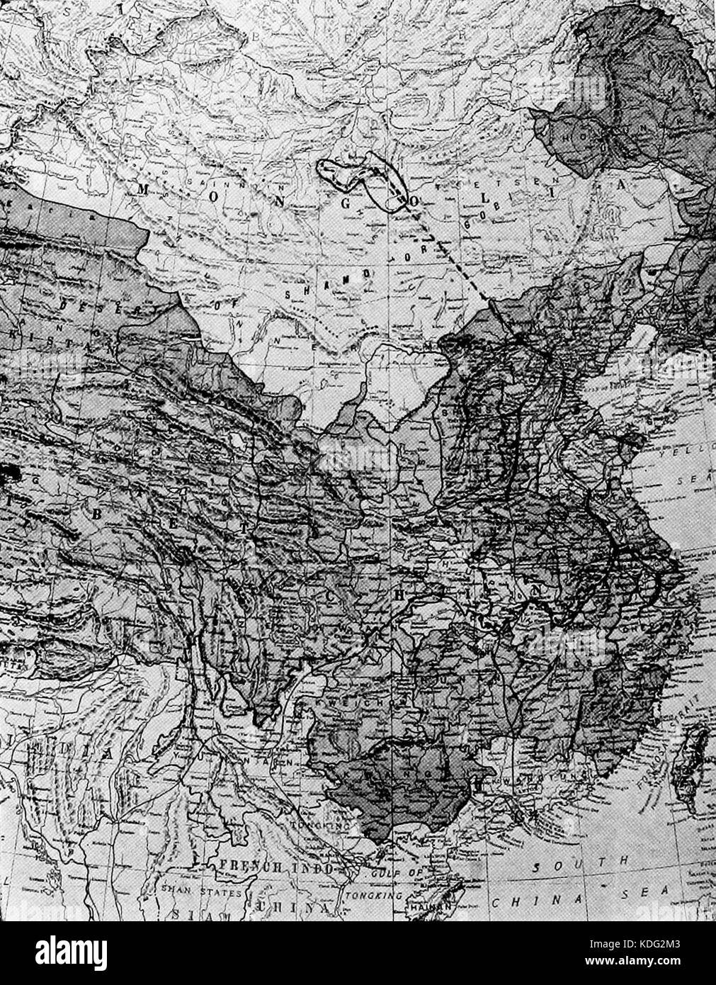 Map of Mongolia and China, Showing Route of Second Asiatic Expedition in Broken Lines Stock Photo