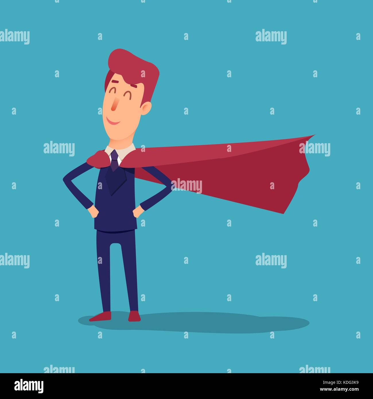 Cartoon successful businesman superhero in suit and cape. Young office superman manager in flat style. Professional salesman smiling on a white background. Powerful big boss. Stock Vector