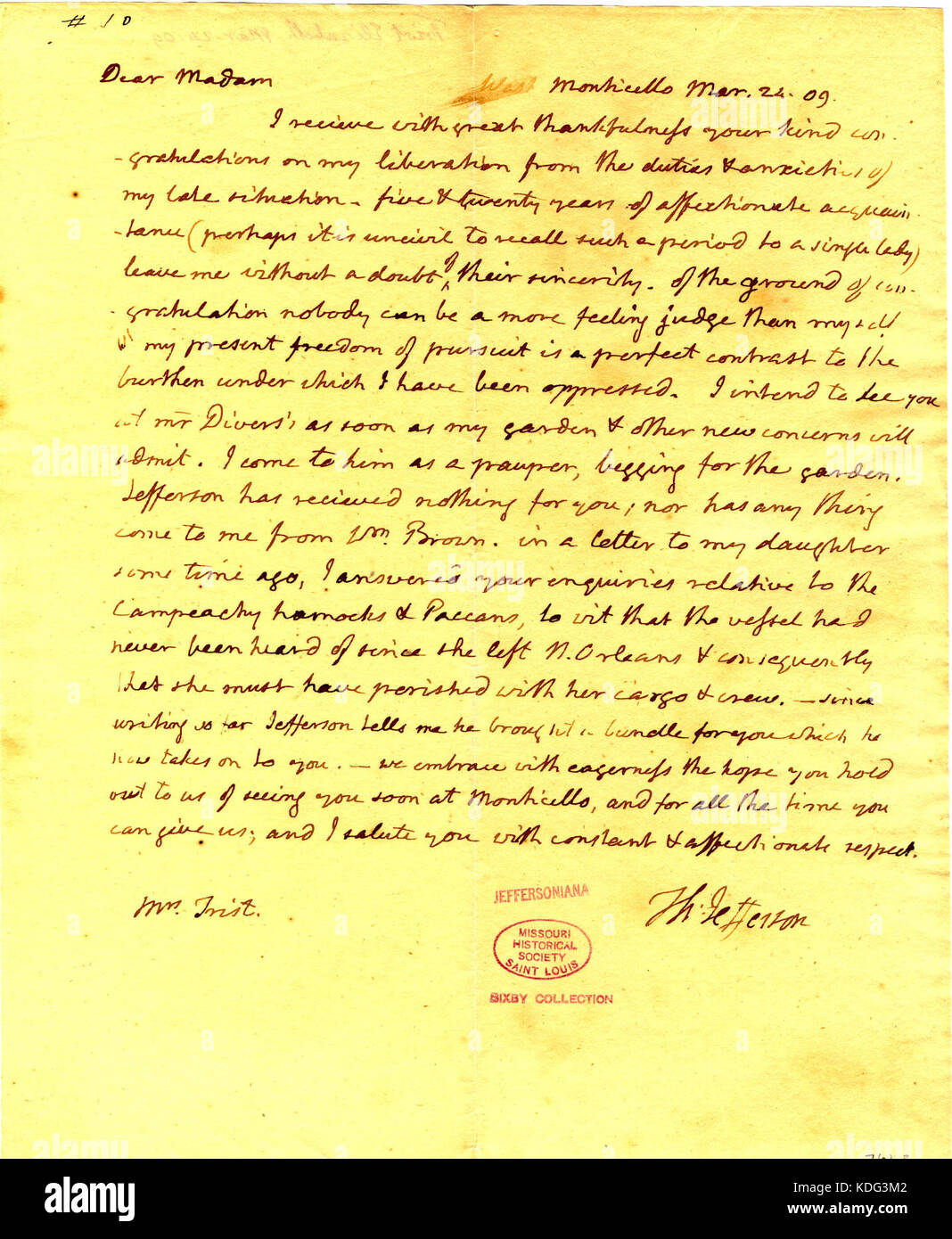 Letter signed Thomas Jefferson, Monticello, to Mrs. (Elizabeth) Trist, March 24, 1809 Stock Photo