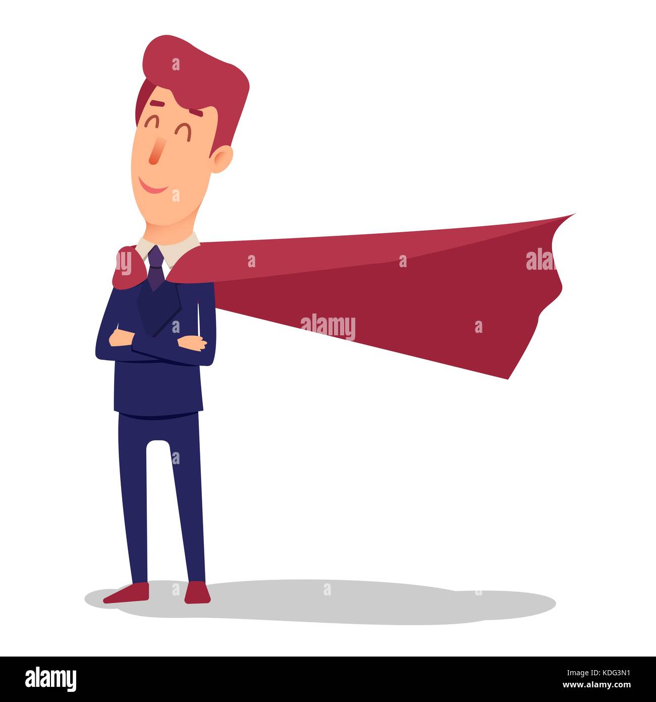 Cartoon successful businesman superhero in suit and cape. Young office superman manager in flat style. Professional salesman smiling on a white background. Powerful big boss. Stock Vector