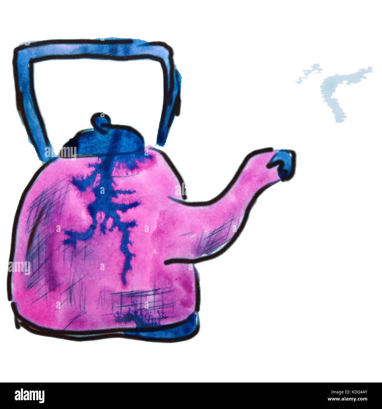 a purple electric kettle sitting on top of a table next to a pink wall and  a pink wall in the background with a black handle. generative ai Stock  Illustration