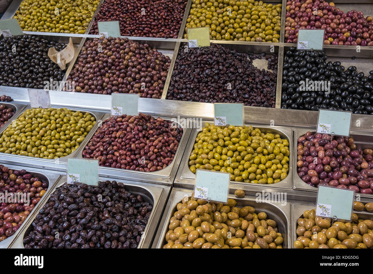 Assortment of fresh olives in the authentic Greek market with empty price tags Stock Photo Alamy