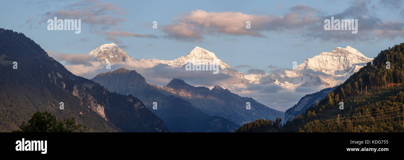 Bernese Oberland panorama - the Eiger, the Mönch and the Jungfrau from Unterseen, Interlaken, Switzerland Stock Photo