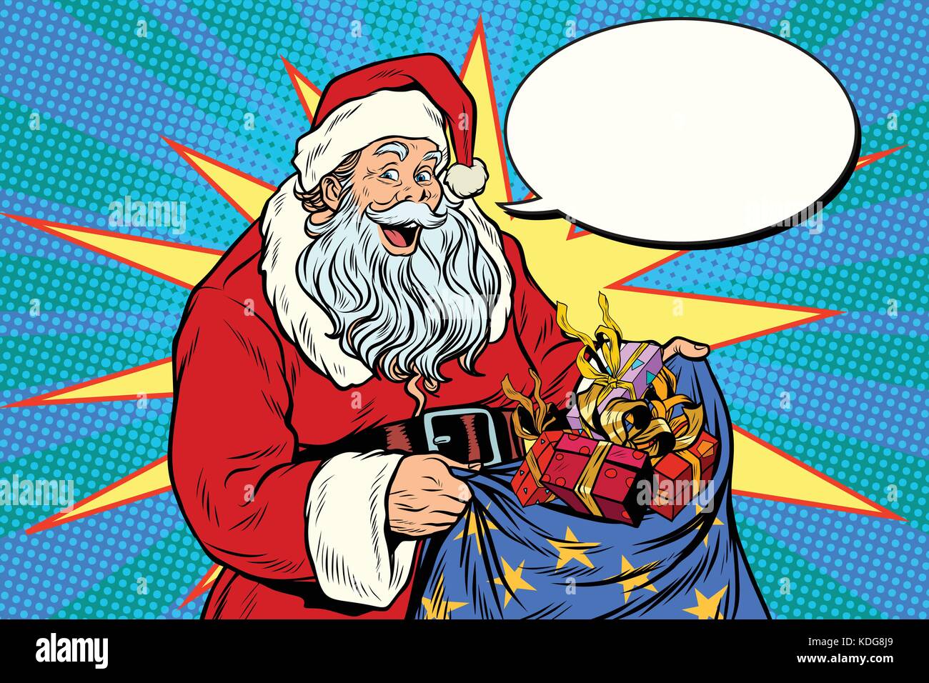 Joyful Santa Claus with bag of Christmas gifts. Pop art retro vector ...