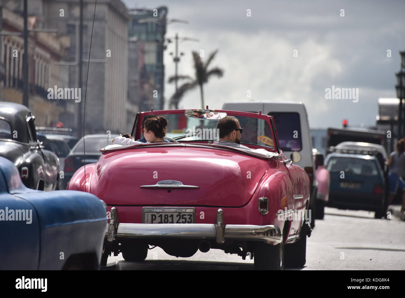 Vintage Cars on the road Havana Vieja , Cuba Stock Photo