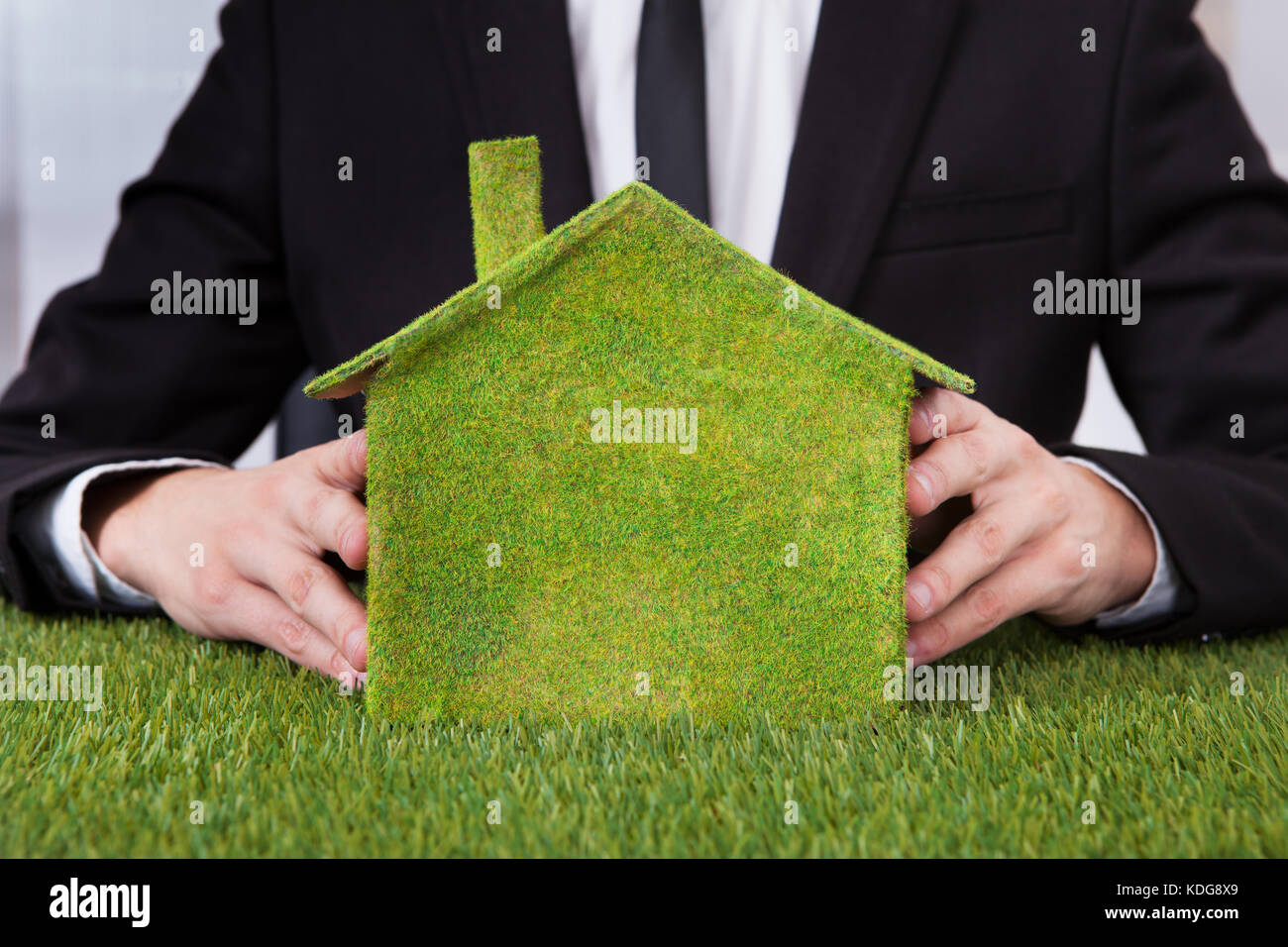 Close-up Of Businessman Holding Eco Friendly House Made From Grass Stock Photo