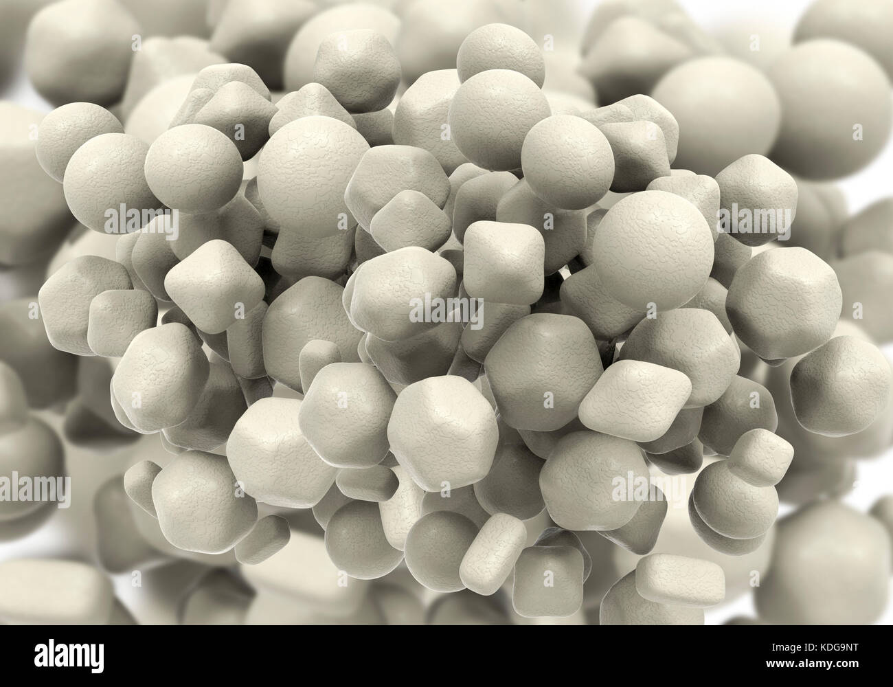 Zinc oxide (ZnO) nanoparticles, computer illustration. ZnO nanoparticles have application as biosensors, in drug delivery, cosmetics, optical and electrical devices, solar cells and other areas. Stock Photo
