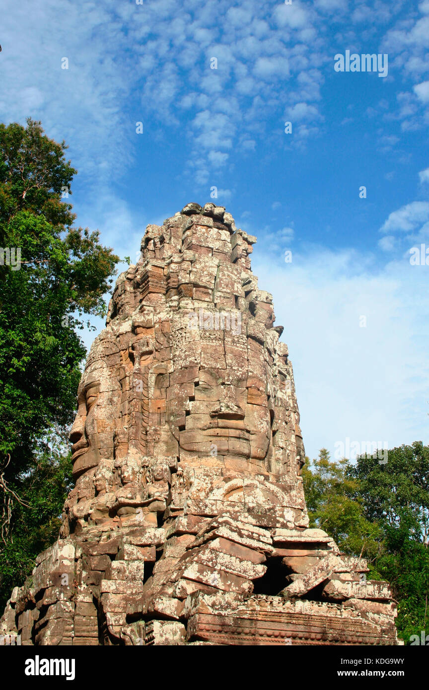 Face tower of the west gopura or entrance gate to the Ta Prohm monastery temple in Angkor area, Cambodia. Stock Photo