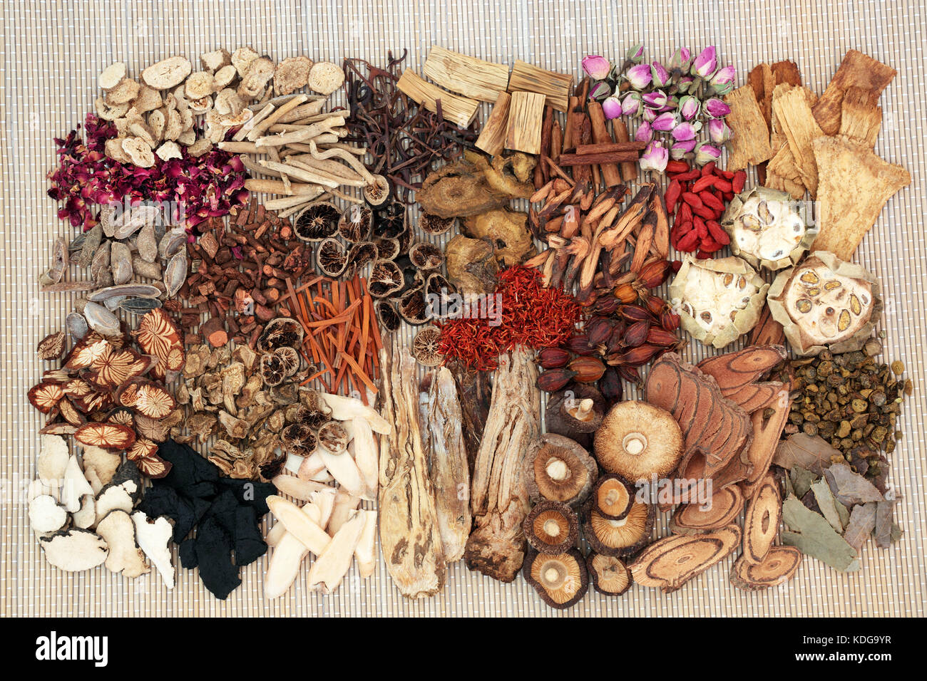 Traditional chinese herbs used in alternative herbal medicine on bamboo background. Top view