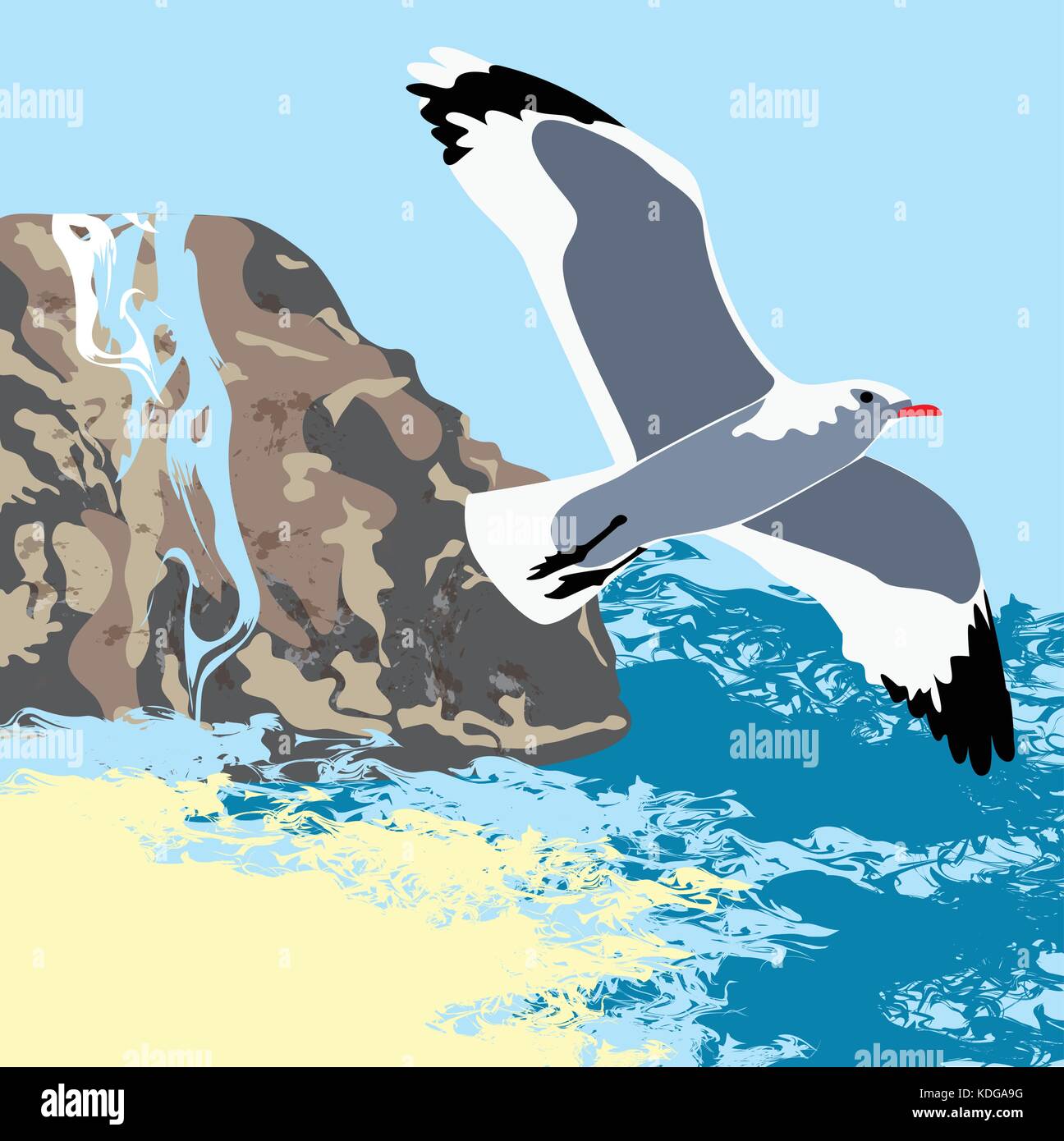 Coast. Marine. Ocean Beach, rock in the sea. Gull and Sea, waterfall Stock Vector