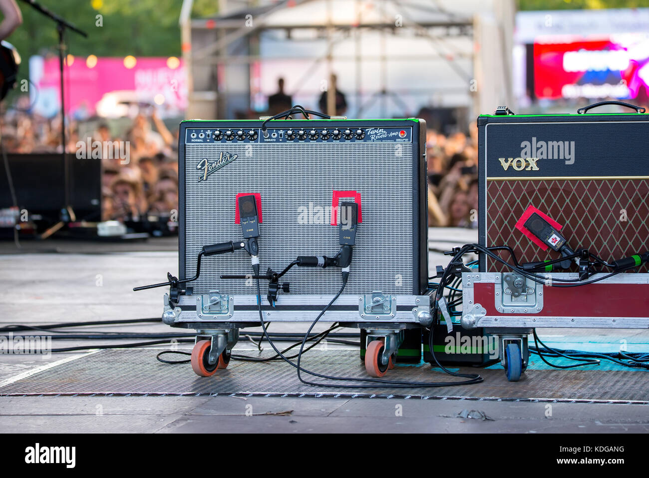 MADRID - SEP 9: Fender and Vox guitar amplifiers on stage at Dcode Music Festival on September 9, 2017 in Madrid, Spain. Stock Photo